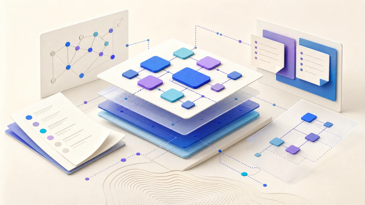 Layered product documentation cards connected by fine lines on a deep blue field