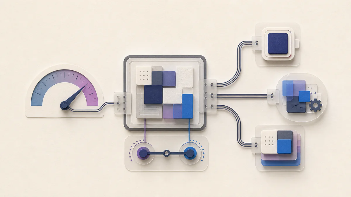 A live no-code application balanced between a rising workload meter and three controlled paths to keep, optimise, or rebuild it