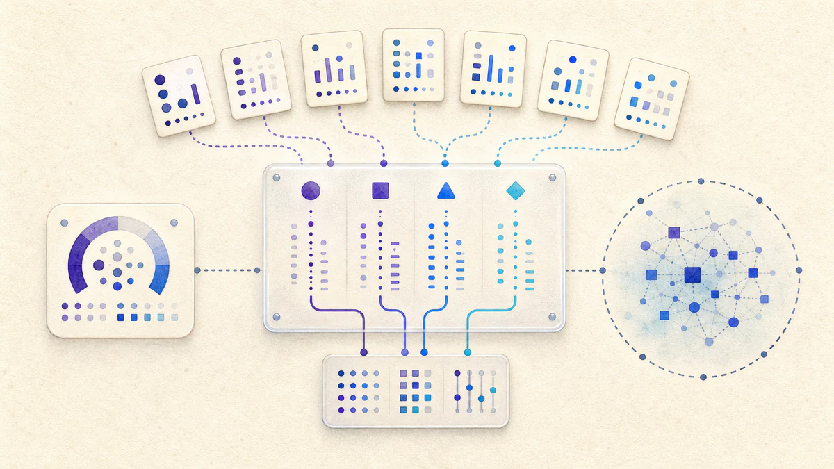 Seven abstract workload signals feed a four-path audit board between a cost meter and an app-wide system boundary.