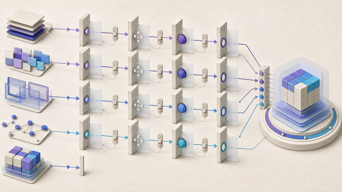 Five modular migration paths crossing controlled handoff gates toward one stable system of record